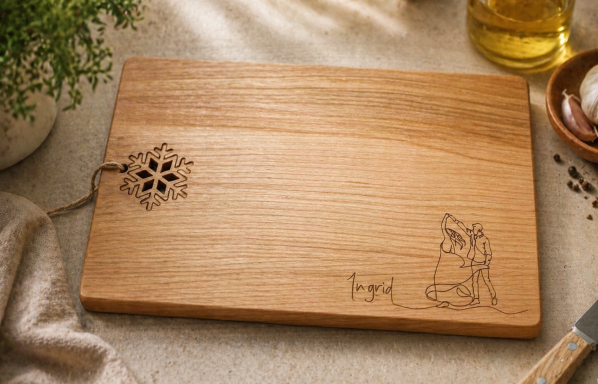 Holzbrett mit floralem Muster und gravierter Eule in der Ecke.