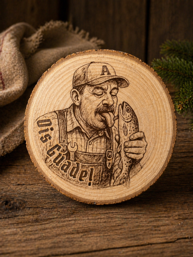 Ein Schnitzelholz mit einem Mann, der einen Fisch küsst, und dem Schriftzug "Olis Ciadel".