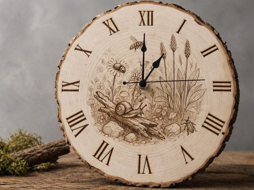 Holzuhr mit römischen Ziffern und naturmotiviertem Design auf einer rustikalen Oberfläche.