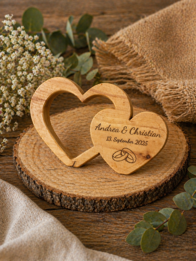 Holzherz mit eingravierten Namen und Datum auf einem natürlichen Untergrund.