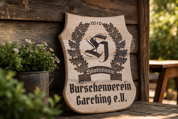 Burschenverein Garching e.V. Wappen des Burschenvereins Garching e.V. aus Holz mit dekorativen Elementen.