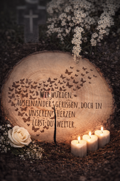 Eine gravierte Holzplatte mit Schmetterlingen, Kerzen und einer Rose, im Friedhofssetting.