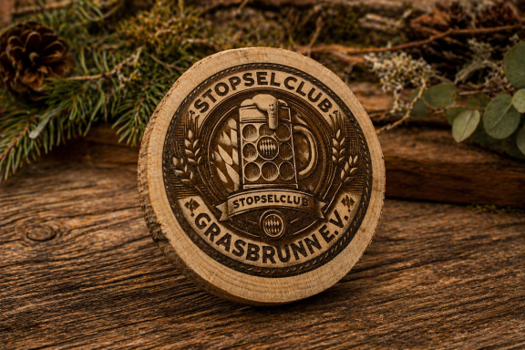 Stopselclub Grasbrunn e.V. Holzplatte mit dem Schriftzug „Stammel Club Grassbrunner“ und einem Bierkrug-Relief.