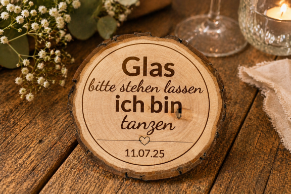 Holzscheibe mit der Aufschrift "Glas bitte stehen lassen, ich bin länger" und einem Datum.