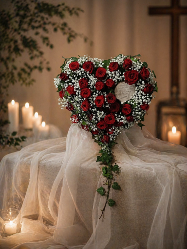 Herz aus roten Rosen und weißen Blumen, umgeben von Kerzen und feinem Stoff.