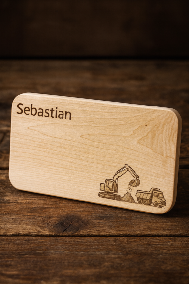 Holztäfelchen mit dem Namen "Sebastian" und einer Gravur eines Bagger.