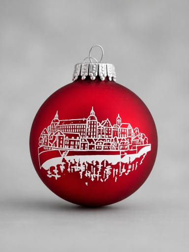 Rote Weihnachtskugel mit graviertem Motiv eines Schlosses und Landschaftsszene.