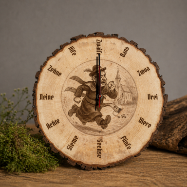 Holzuhr mit Märchenfigur und eingravierten Städtenamen auf dem Ziffernblatt.