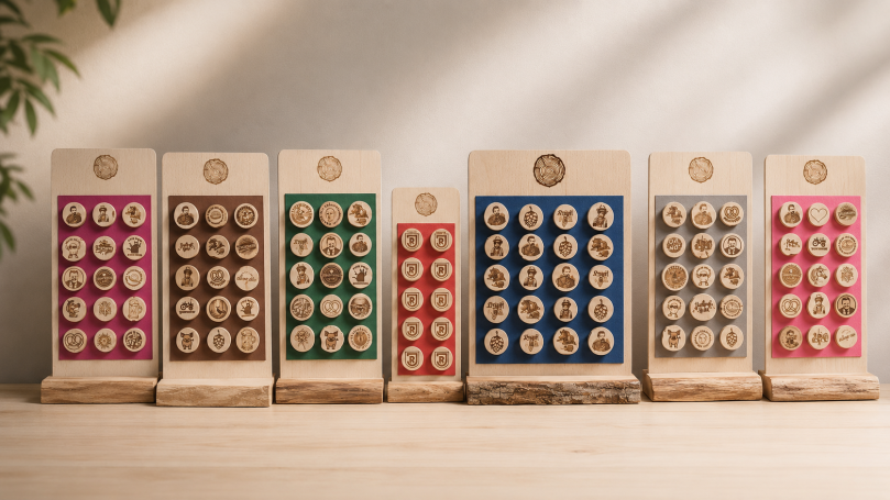 Verkaufsdisplays "original Stopsel" Holztafeln mit bunten Zahlen und Symbolen in Reihen angeordnet.
