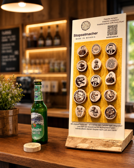 Verkaufsdisplay "original Stopsel" Bierdeckel mit verschiedenen Motiven auf einem Holzständer, neben einer Flasche Bier.